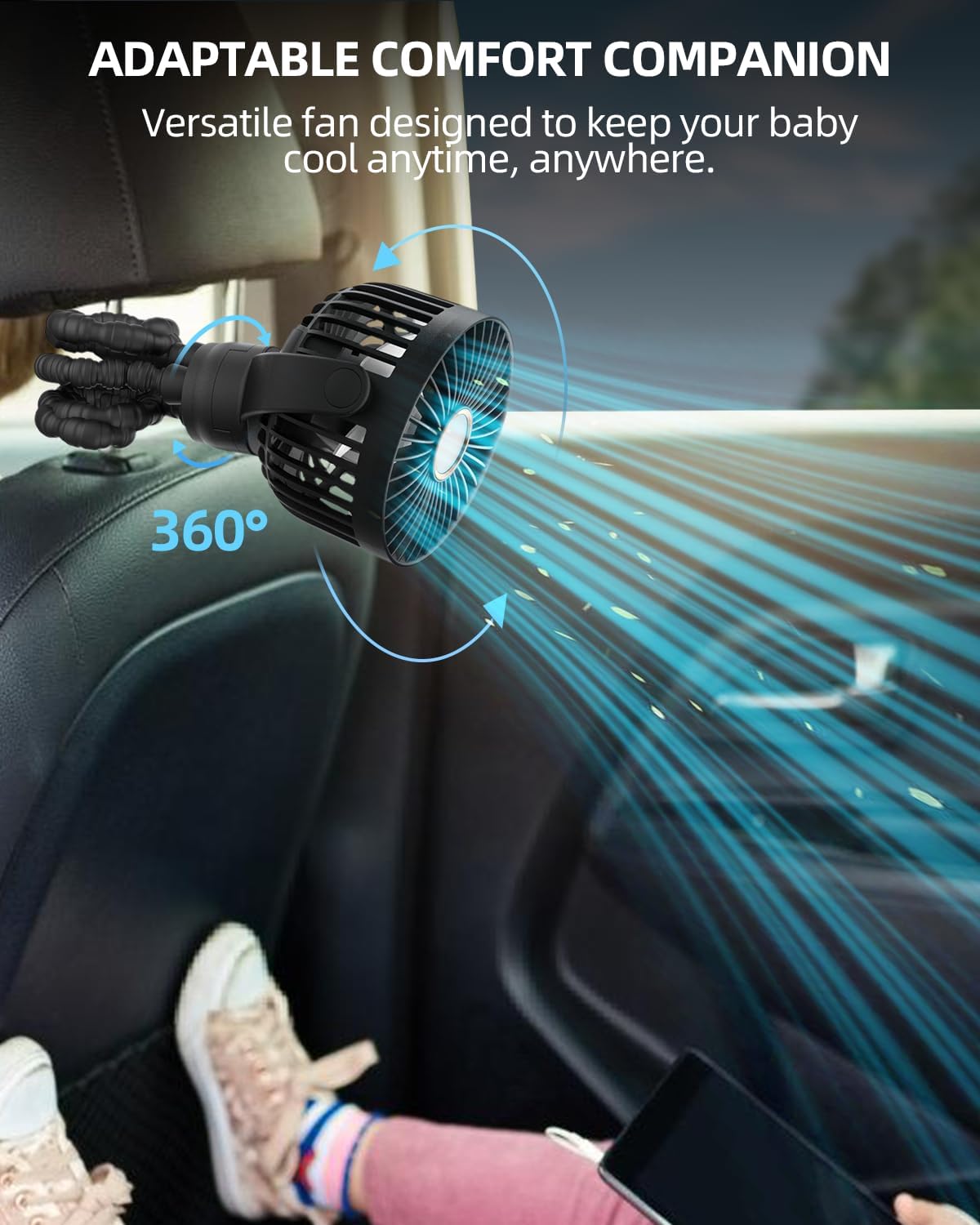 New Portable Stroller Mini Fan, Small Rechargeable Personal Fan, Baby Travel Essentials for Wagon, Car Seat, Treadmill, Battery Powered Biking Gear Accessories, 360° Rotation, 3-Speed, Display, Black - Image 5