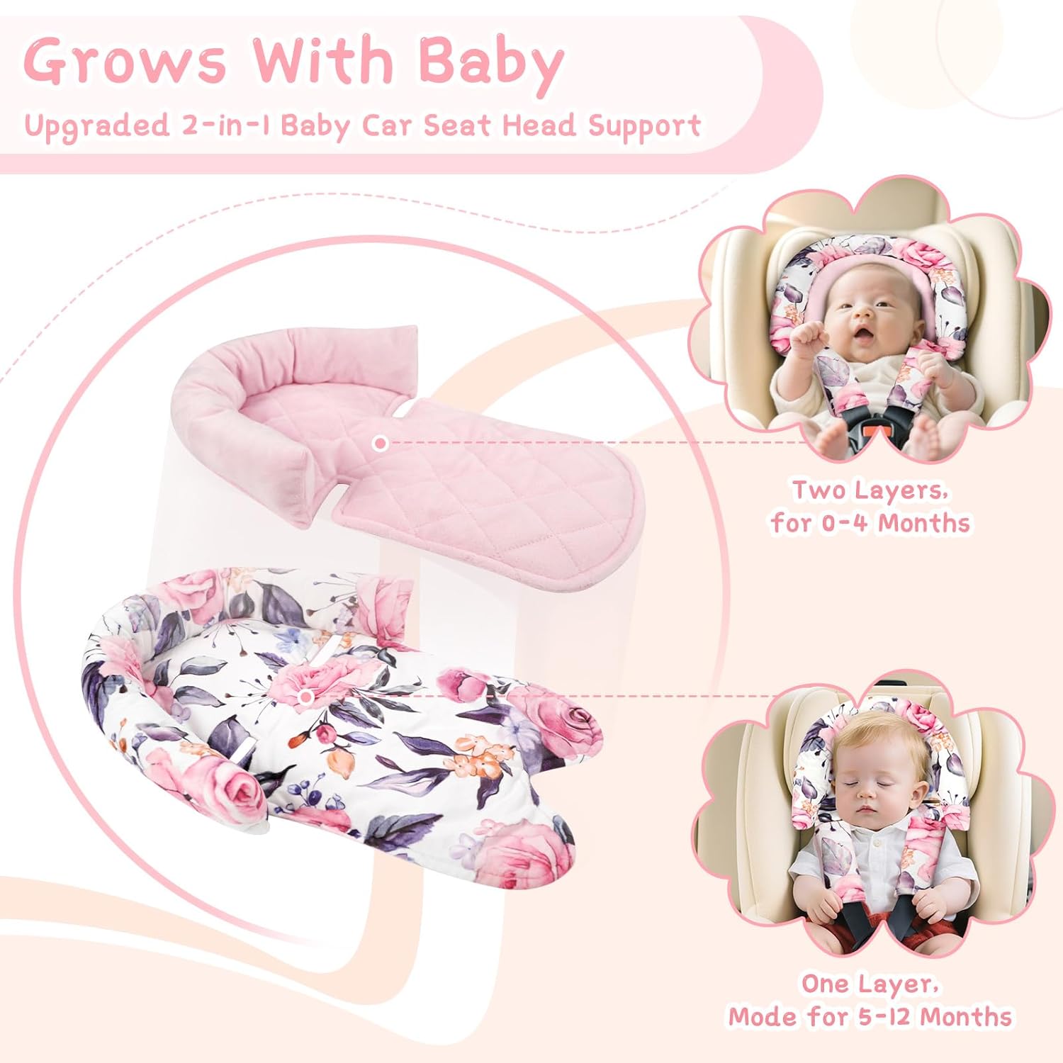 Amazing Baby Car Seat Head Body Support & Strap Covers, 2 in 1 Infant Car Seat Insert, Reversible Soft Breathable Newborn Cushion Pads for Preemie, Perfect for Baby Carseats, Strollers, Swings (Floral) - Image 3