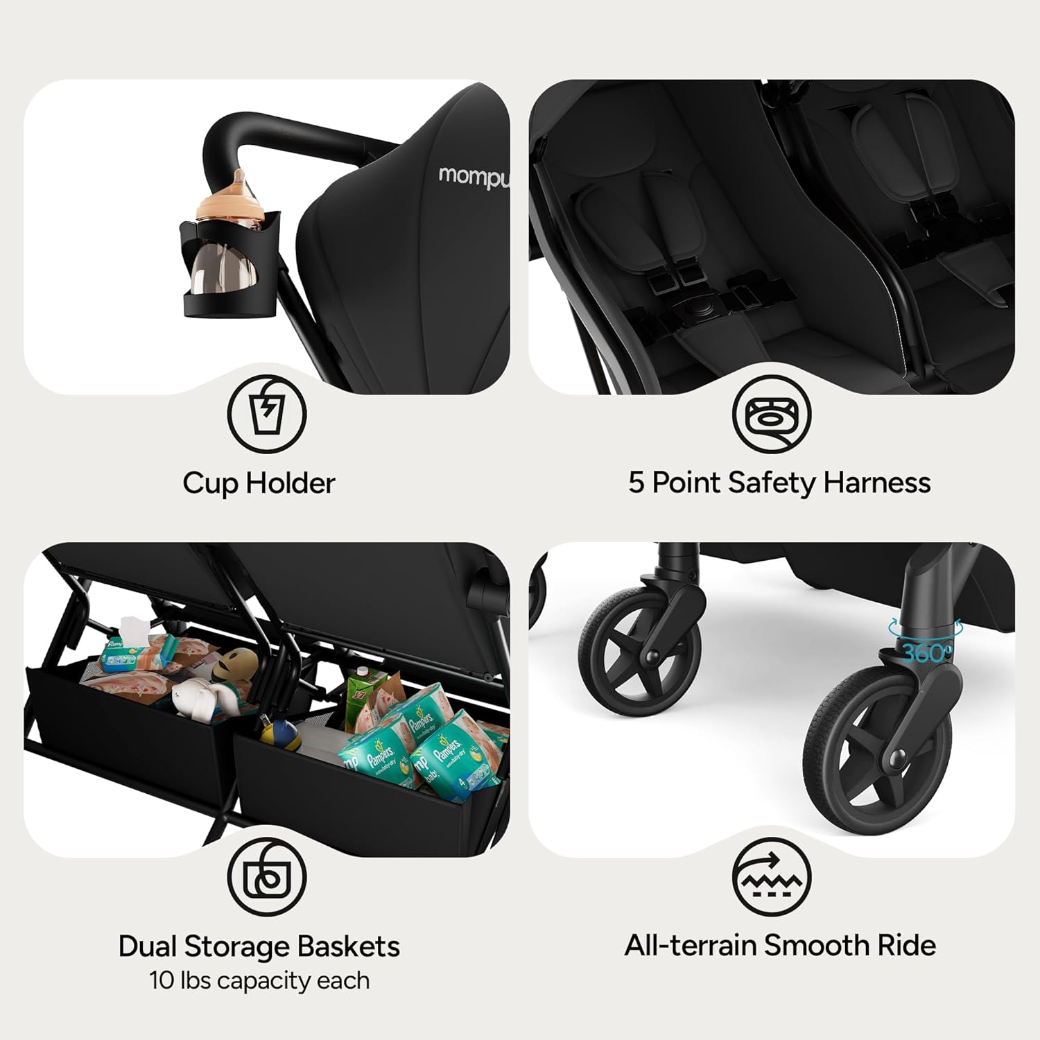 Top Mompush Lithe Double Stroller for Infant and Toddler, Lightweight Side by Side Twin Stroller, Only 25 lbs, 30-Inch Slim Fit Through Doorways, One-Step Fold, Independent Recline, UPF 50+ Canopy - Image 8