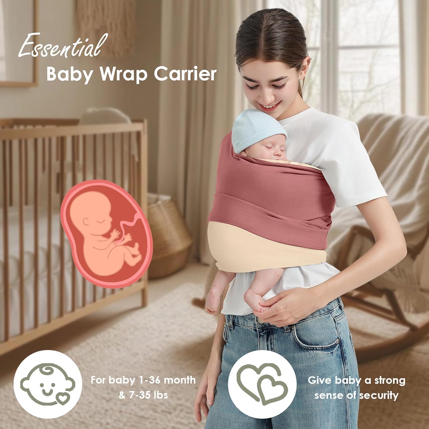 Amazing Baby Wrap Carrier, Lightweight Baby Wearing Wraps for Newborn and Infant, Soft Swaddle Holder Carrier, Cozy Baby Sling 7-35 lbs Cream+Pink - Image 3