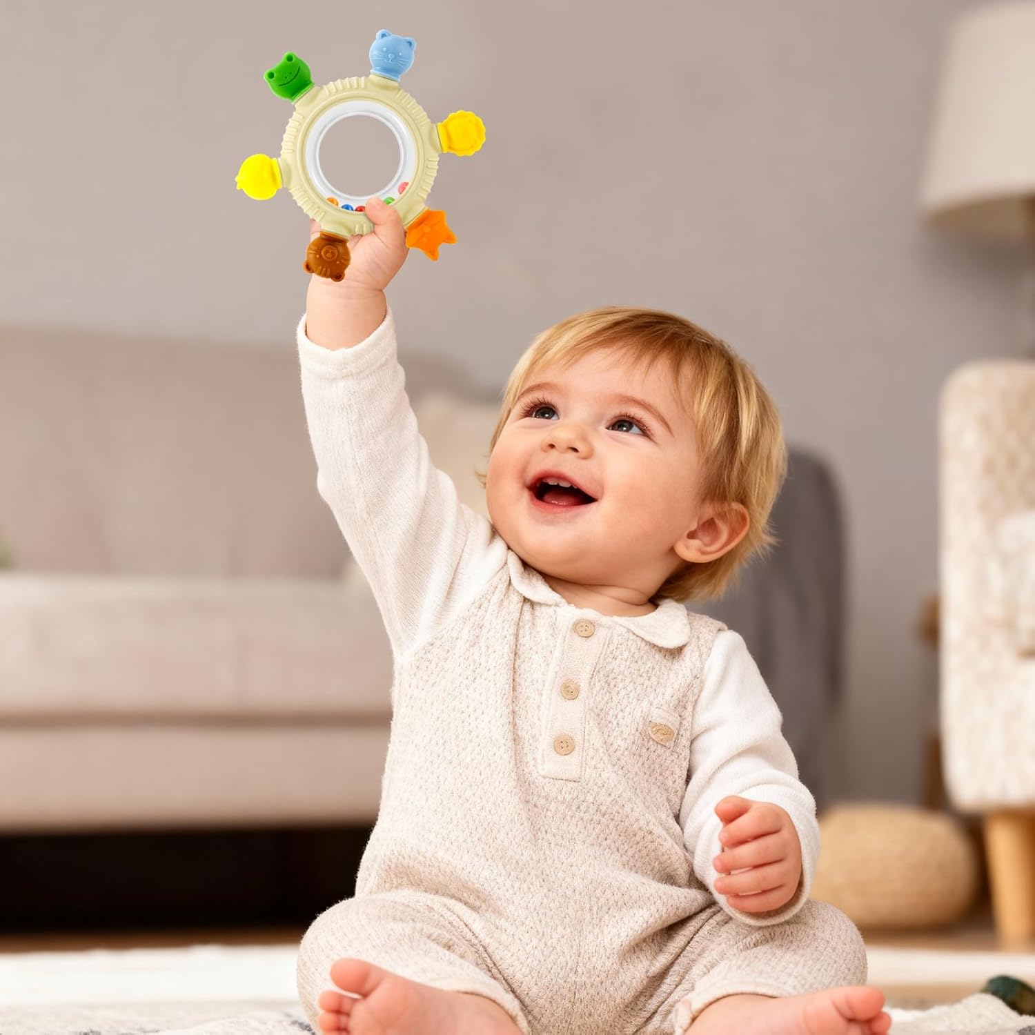 Amazing Baby Teething Toy for 0-6 6-12 Months Sensory Toys Baby Rattle Teether | Freezer Safe Silicone Teether | Silicone Baby Teething Ring for Teething Relief | BPA Free, Easy Grip Design for Infants - Image 2
