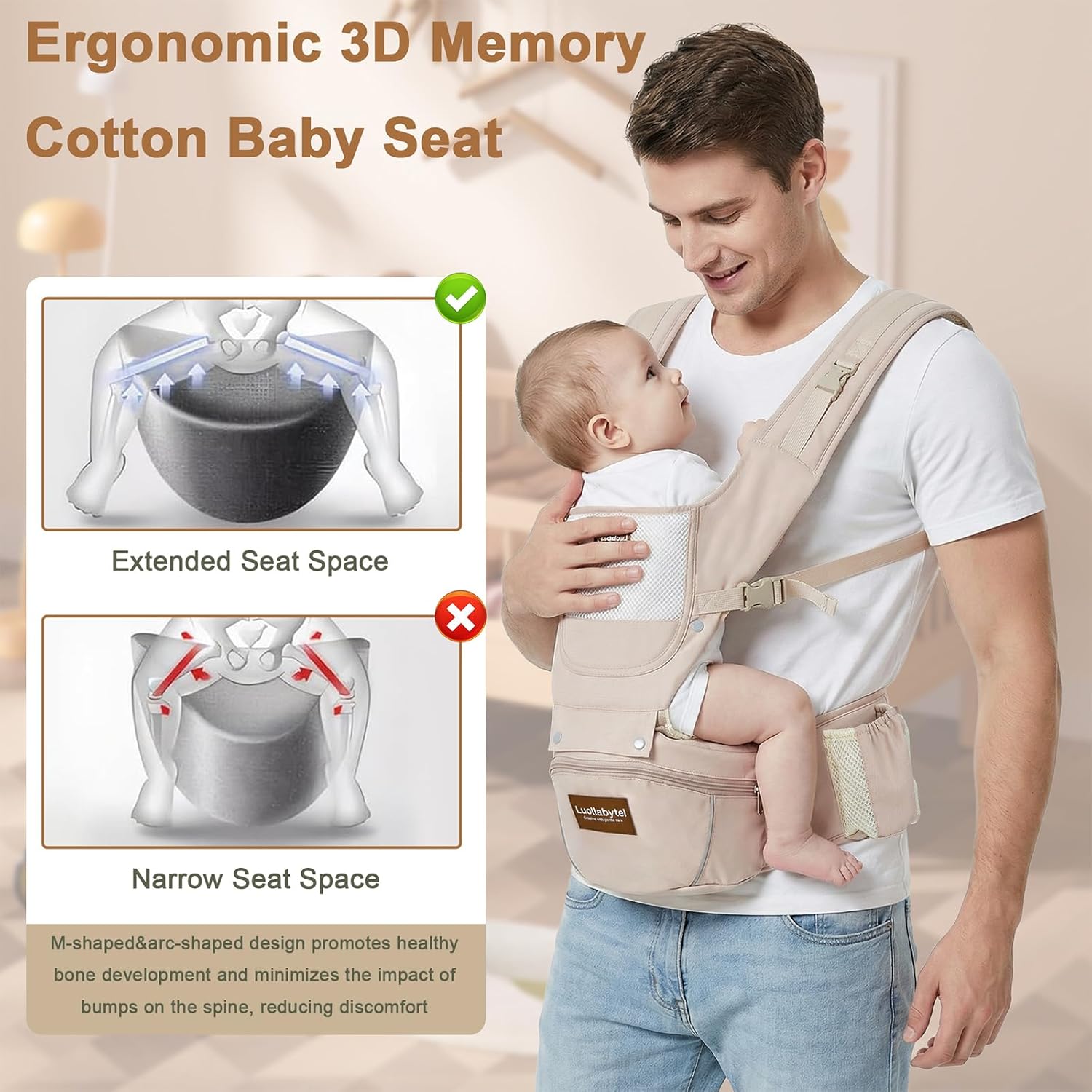 Amazing Baby Carrier with Hip Seat, 6-in-1 Baby Carrier Newborn to Toddler, Adjustable Detachable Infant Toddler Carrier, Hands-Free Baby Holder, All Seasons, Perfect for Shopping Travelling (Khaki) - Image 3