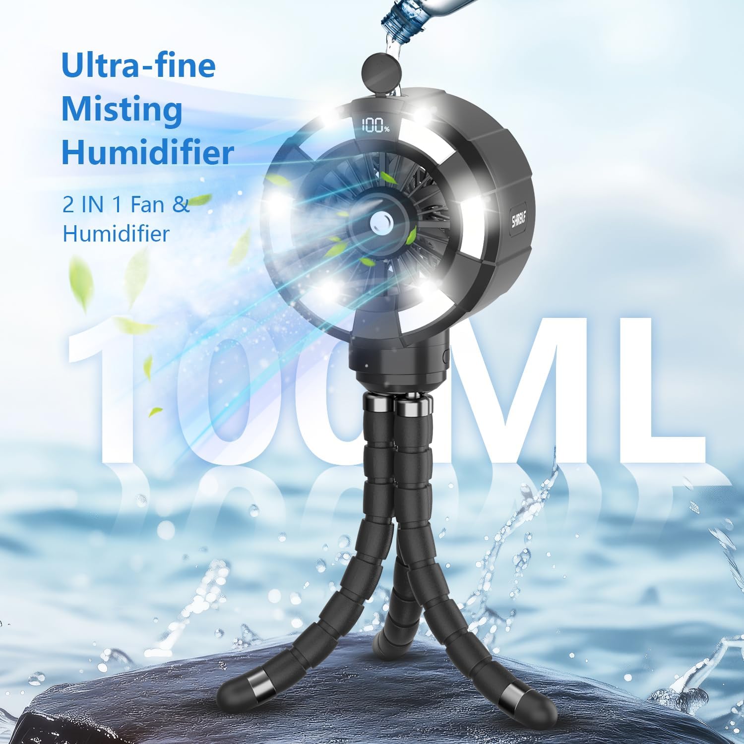 Top Shirble Baby Stroller Misting Fan, 6000mAh Rechargeable Clip-On Fan, 3 Speeds & 2 Spray Modes, 14H Cooling, Leak-Proof 100ML Tank, Night Light & Timer, BPA-Free for Strollers, Cribs & Travel (Black) - Image 3