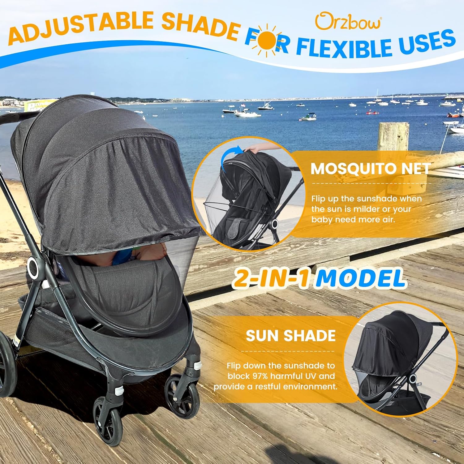Top Features Orzbow Baby Mosquito Net with Sun Shade UPF50+ for Stroller, Universal Stroller Mosquito Netting Privacy Cover with Two-Way Zipper and Storage Bag for Car Seats, Bassinets, Cradles, Mini Cribs, Black - Image 3