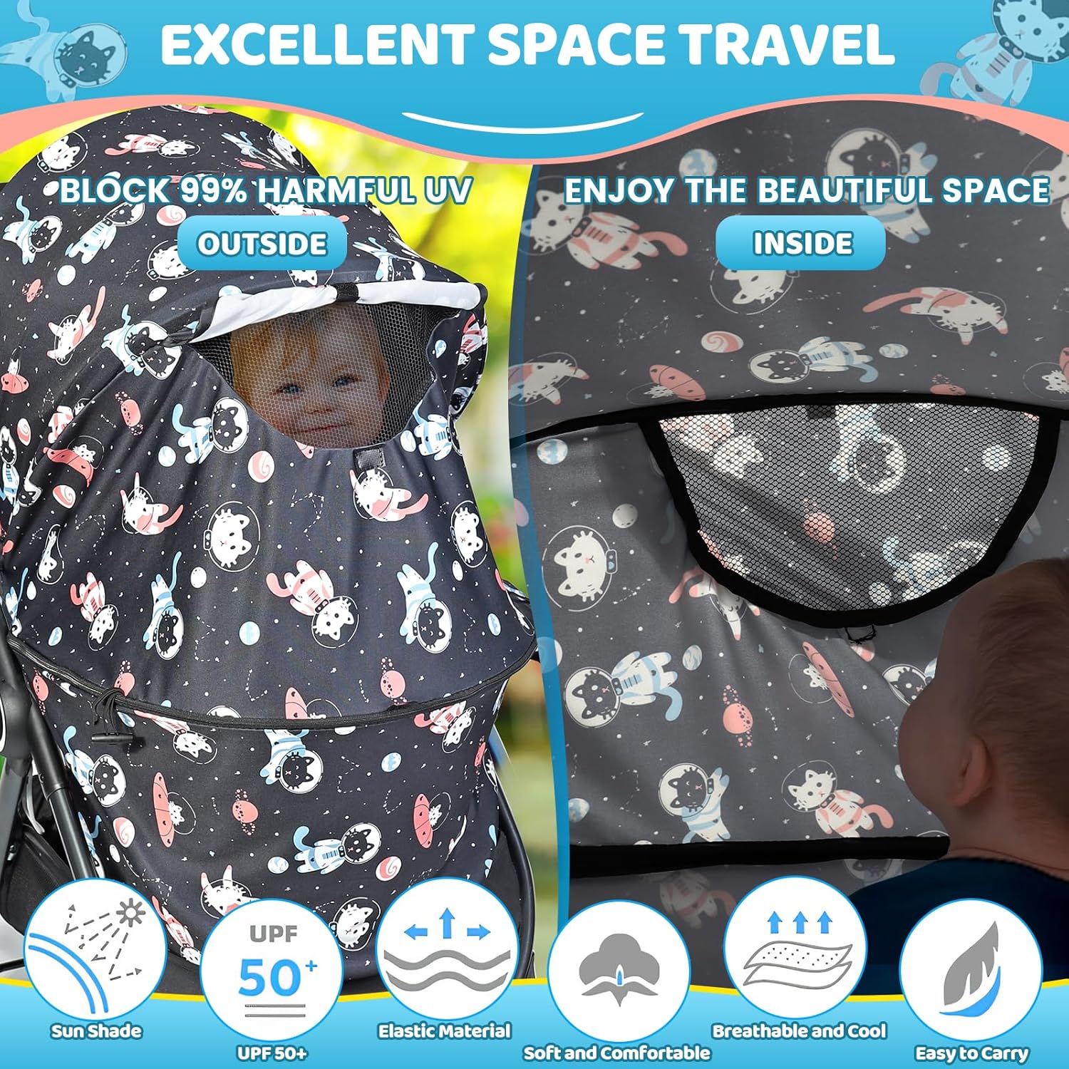 Top Orzbow Universal Sun Shade for Stroller, Detachable UPF 50+ Stroller Cover for Sun with See Through Mesh Window, Breathable Sunshade Cover - Stroller Canopy Extender, Baby UV Sun Protection, Cute Cat - Image 2