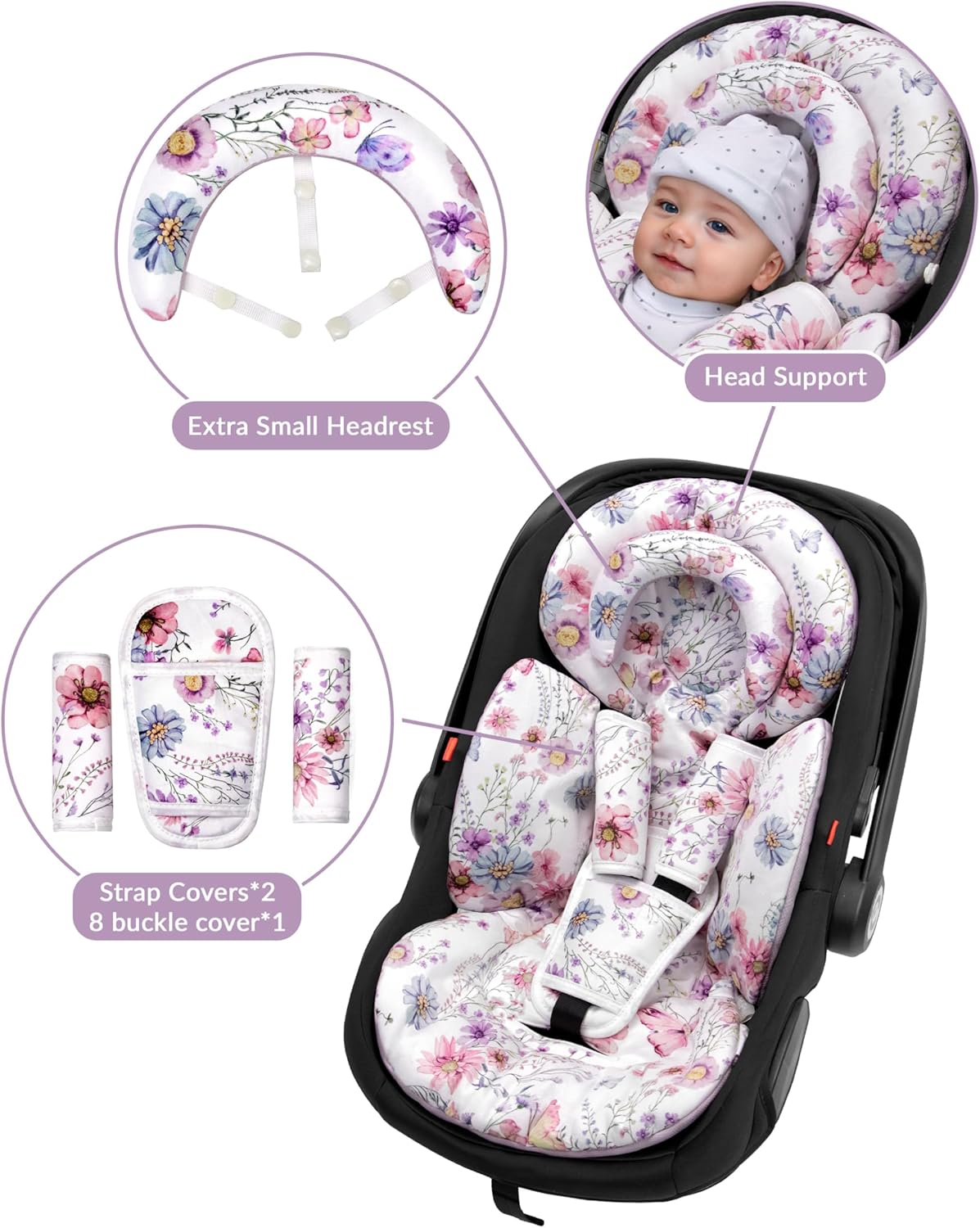 Amazing TinlyFinly Infant Car Seat Insert with Extra Cushion for Preemie to Toddler, Reversible Newborn Carseat Insert for Baby Head Body Support, Fits for Stroller, Baby Swing, Bouncer (Purple Wildflower) - Image 7