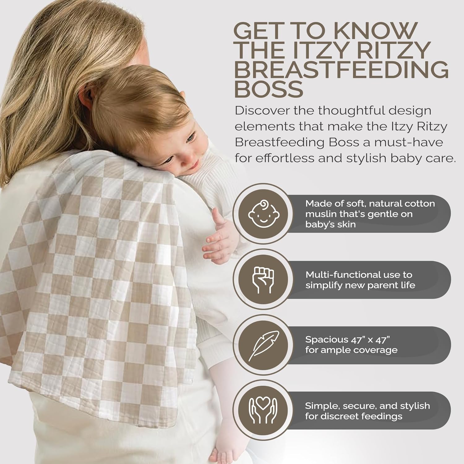 Top Itzy Ritzy Breastfeeding Boss Multi-Use Cover – A Nursing Cover, Swaddle, Car Seat Wrap, Tummy Time Mat & Burp Cloth All in One – Made of Soft Muslin Fabric & Measures 47” x 47” (Checkerboard) - Image 2
