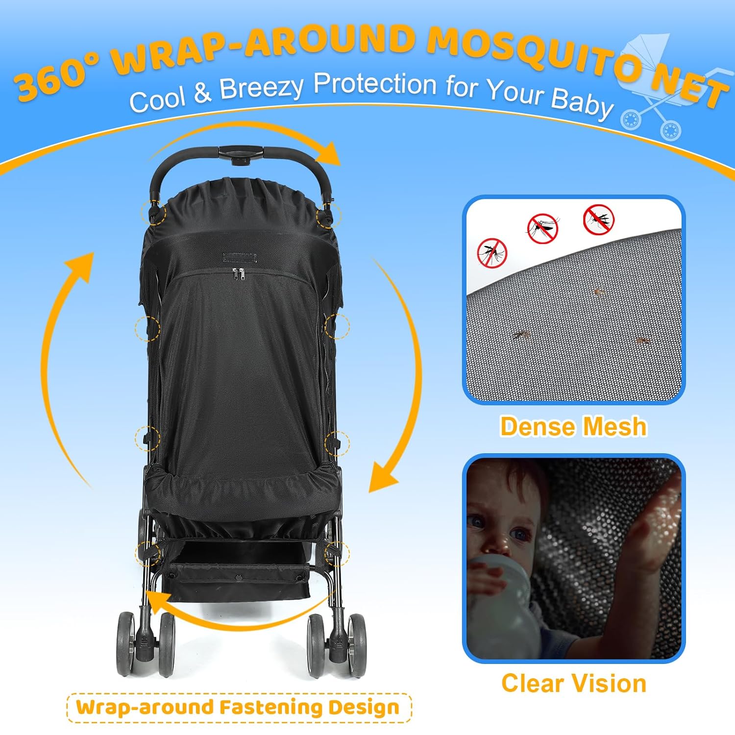Top Features Orzbow Stroller Sun Shade, Breathable Sun Shade Cover for Stroller with Mosquito Net & Zip, Universal Baby Sun Shade with Double Opening, Easy to SInstall, Blocks 95% UV(UPF 50+), Black - Image 3