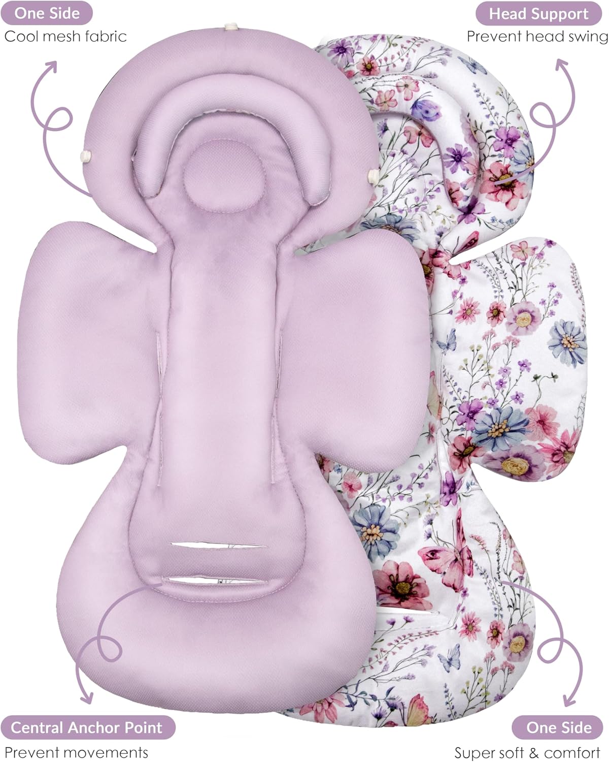 Amazing TinlyFinly Infant Car Seat Insert with Extra Cushion for Preemie to Toddler, Reversible Newborn Carseat Insert for Baby Head Body Support, Fits for Stroller, Baby Swing, Bouncer (Purple Wildflower) - Image 8