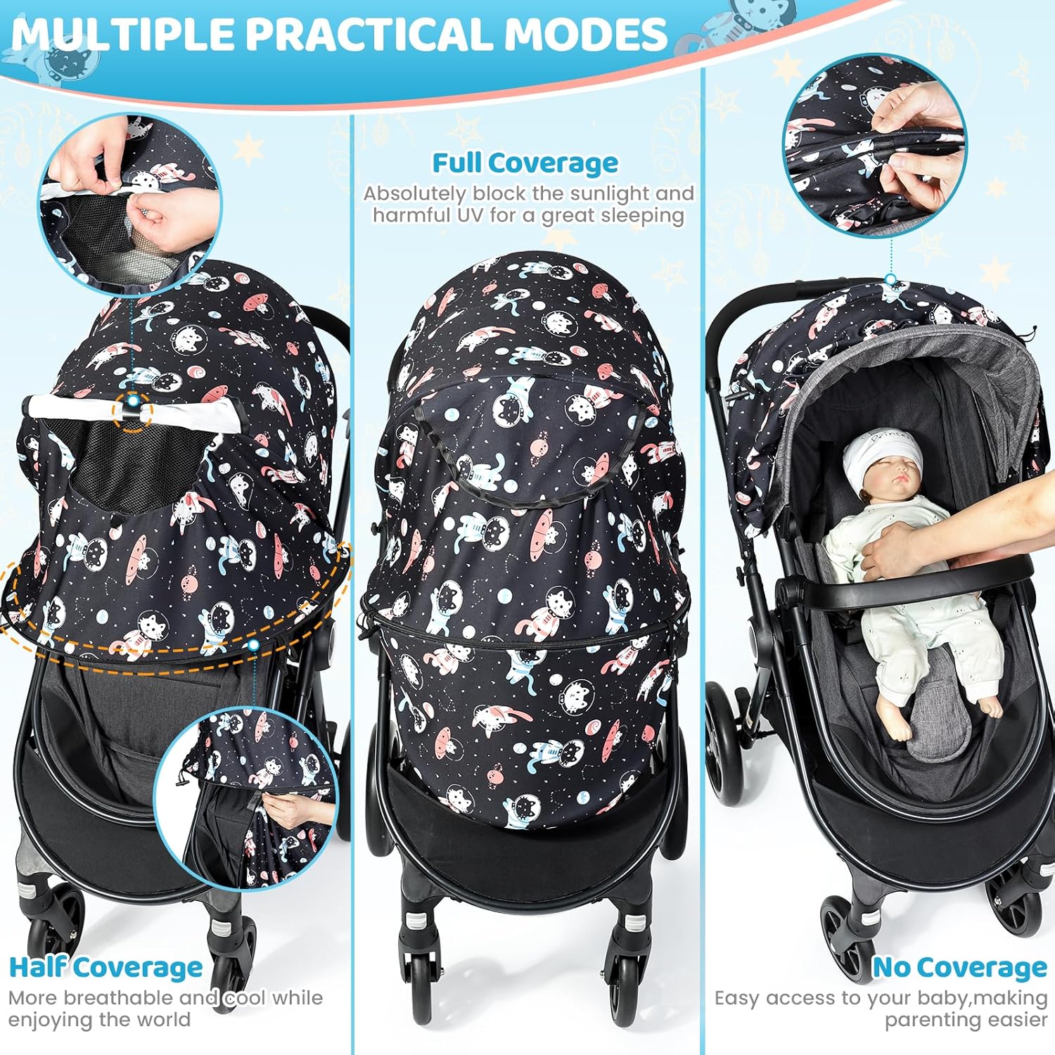 Top Orzbow Universal Sun Shade for Stroller, Detachable UPF 50+ Stroller Cover for Sun with See Through Mesh Window, Breathable Sunshade Cover - Stroller Canopy Extender, Baby UV Sun Protection, Cute Cat - Image 3