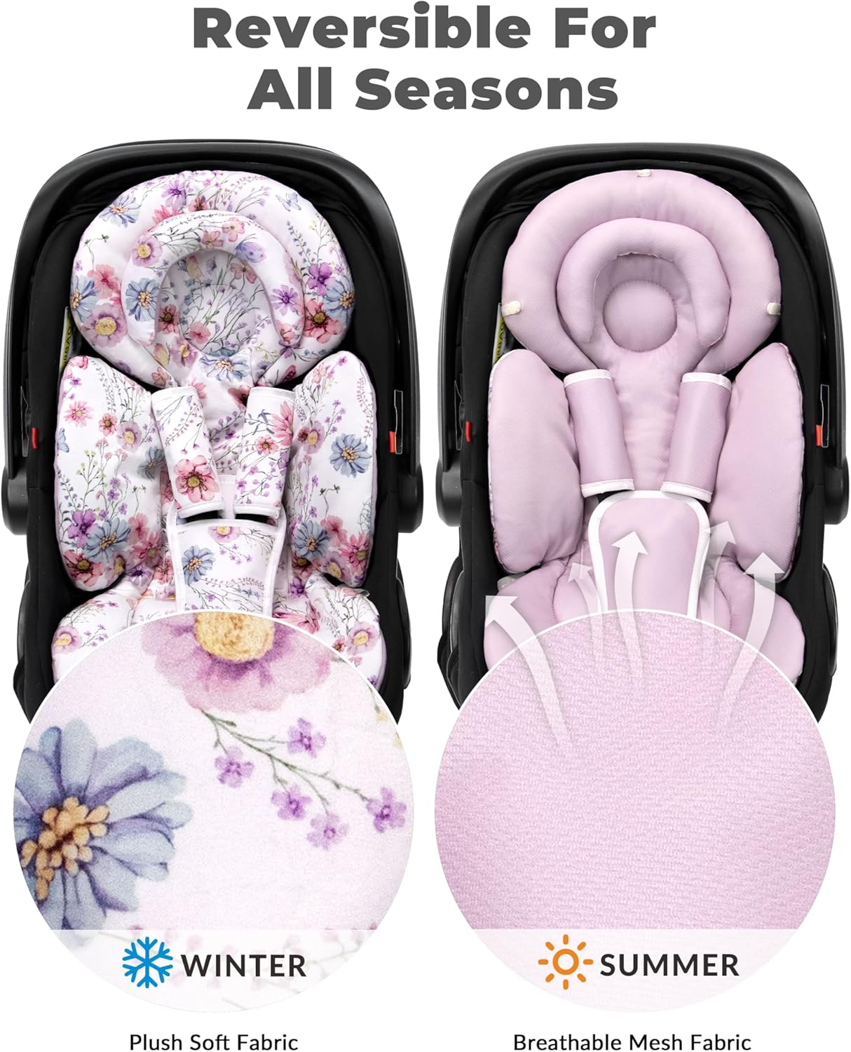 Amazing TinlyFinly Infant Car Seat Insert with Extra Cushion for Preemie to Toddler, Reversible Newborn Carseat Insert for Baby Head Body Support, Fits for Stroller, Baby Swing, Bouncer (Purple Wildflower) - Image 5