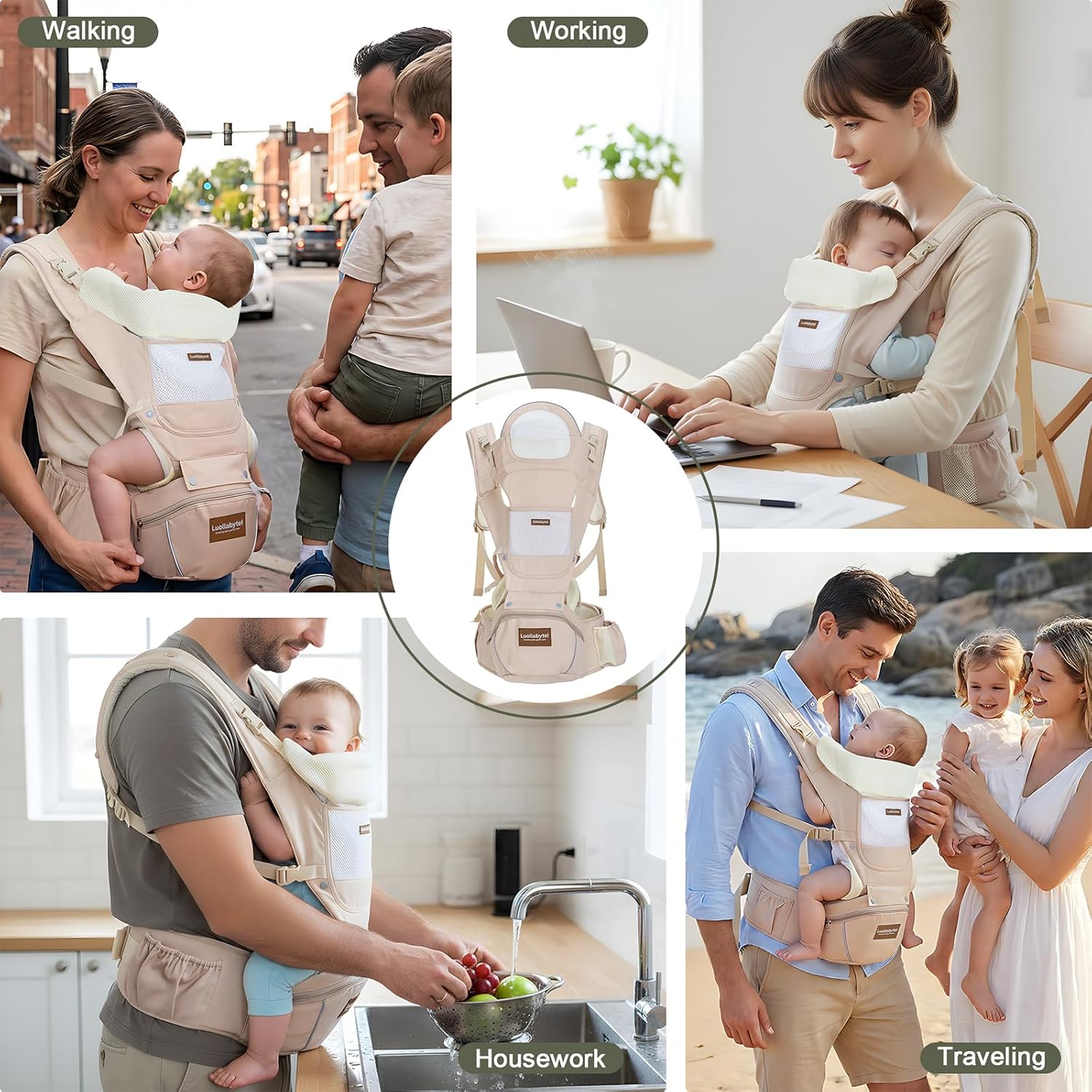 Amazing Baby Carrier with Hip Seat, 6-in-1 Baby Carrier Newborn to Toddler, Adjustable Detachable Infant Toddler Carrier, Hands-Free Baby Holder, All Seasons, Perfect for Shopping Travelling (Khaki) - Image 7