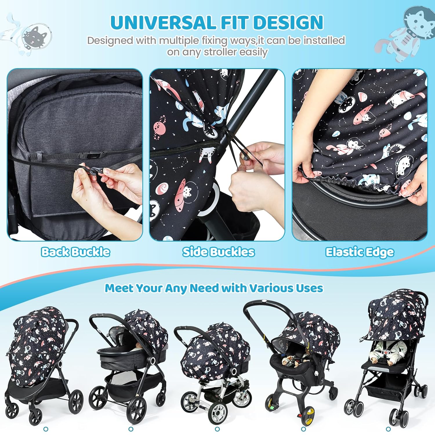 Top Orzbow Universal Sun Shade for Stroller, Detachable UPF 50+ Stroller Cover for Sun with See Through Mesh Window, Breathable Sunshade Cover - Stroller Canopy Extender, Baby UV Sun Protection, Cute Cat - Image 5