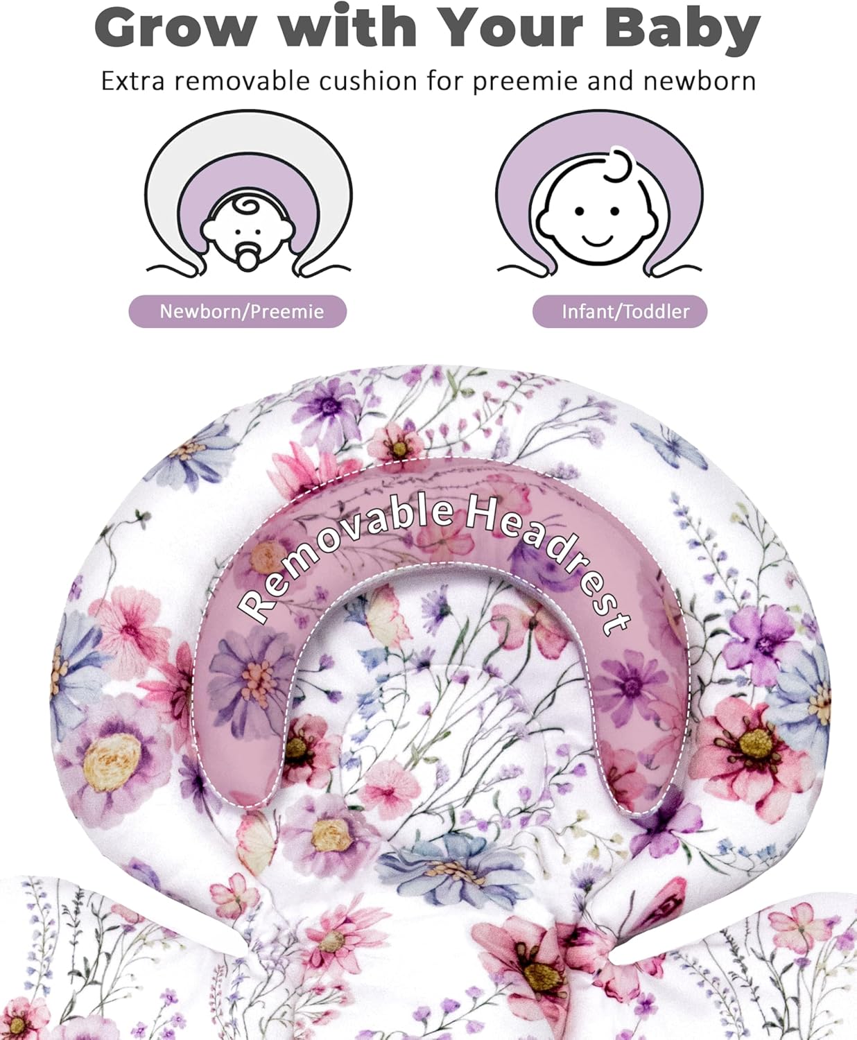 Amazing TinlyFinly Infant Car Seat Insert with Extra Cushion for Preemie to Toddler, Reversible Newborn Carseat Insert for Baby Head Body Support, Fits for Stroller, Baby Swing, Bouncer (Purple Wildflower) - Image 4