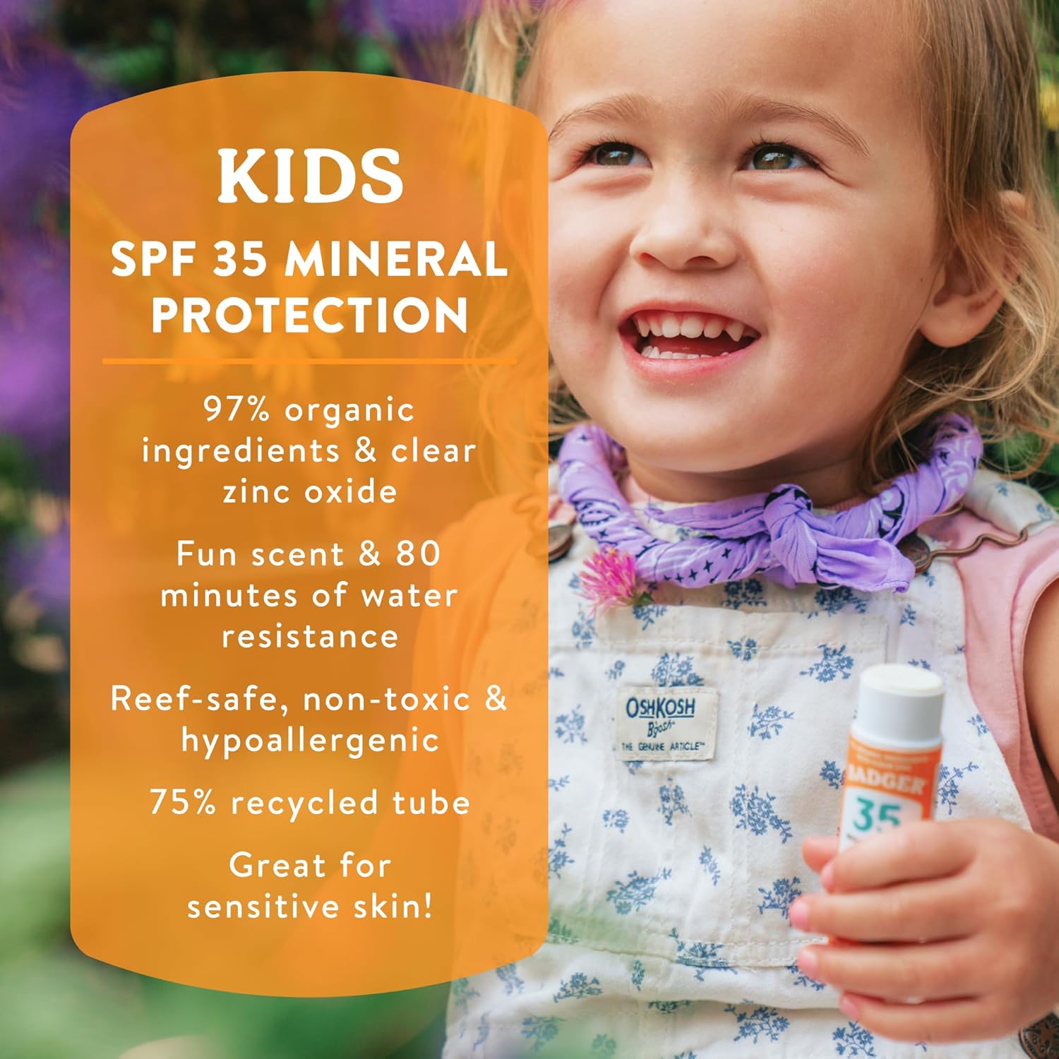Top Features Badger Mineral Kids Sunscreen Face Stick SPF 35, Zinc Oxide Travel Size Sunscreen Stick for Kids, 97% Organic Ingredients, Reef Safe, Water Resistant, .65 oz, 2-Pack - Image 2