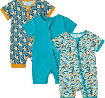 OPAWO Bamboo Baby Pajamas 3 Pack, Double Zipper Bamboo Sleepers for Baby Boy Girl Romper, Toddler Summer Clothes Outfit 0-24M