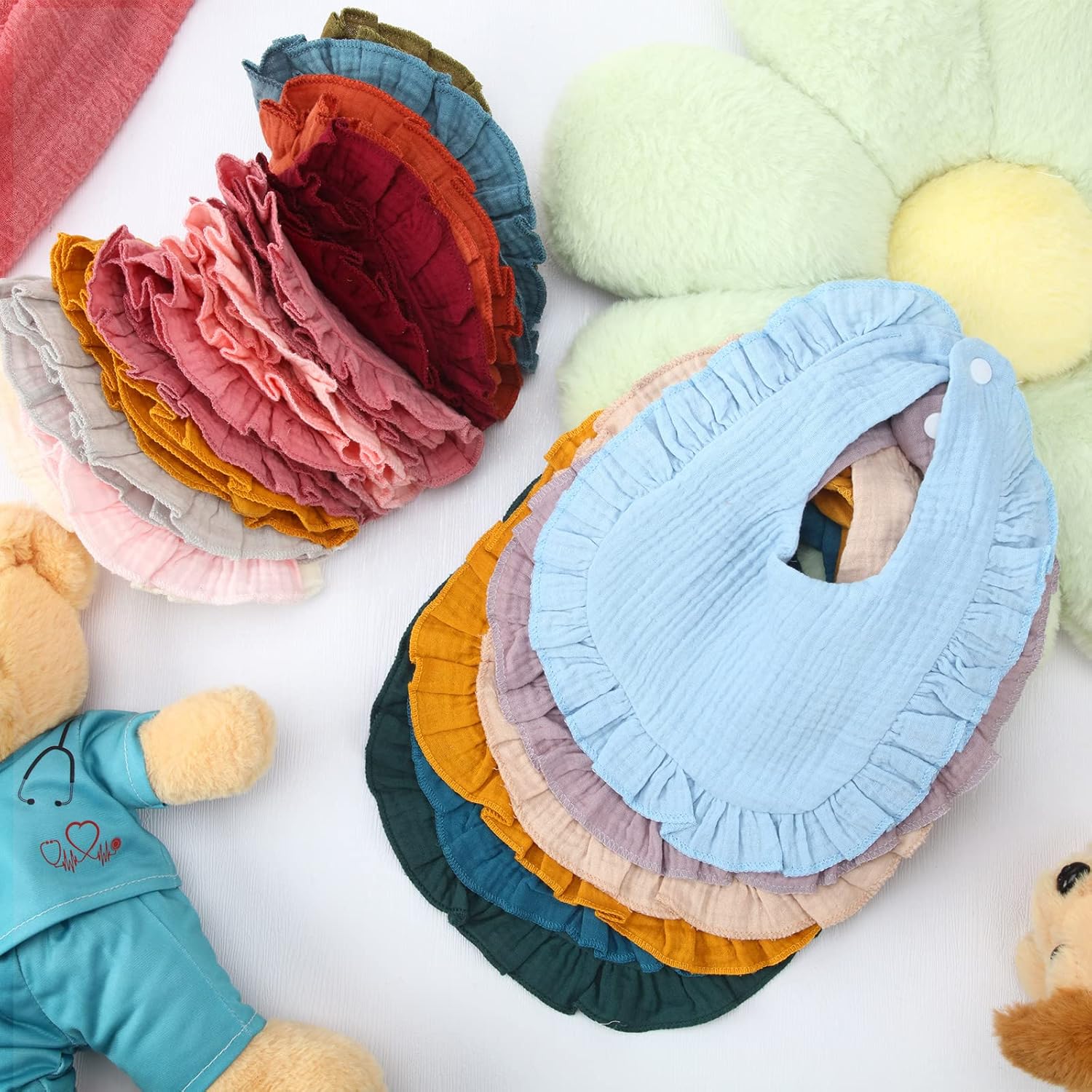 Top Kenning 18 Pcs Muslin Drool Baby Bibs Ruffle Absorbent Bib with Snap Button Boy Girl for Drooling Teething Infant Newborn - Image 5