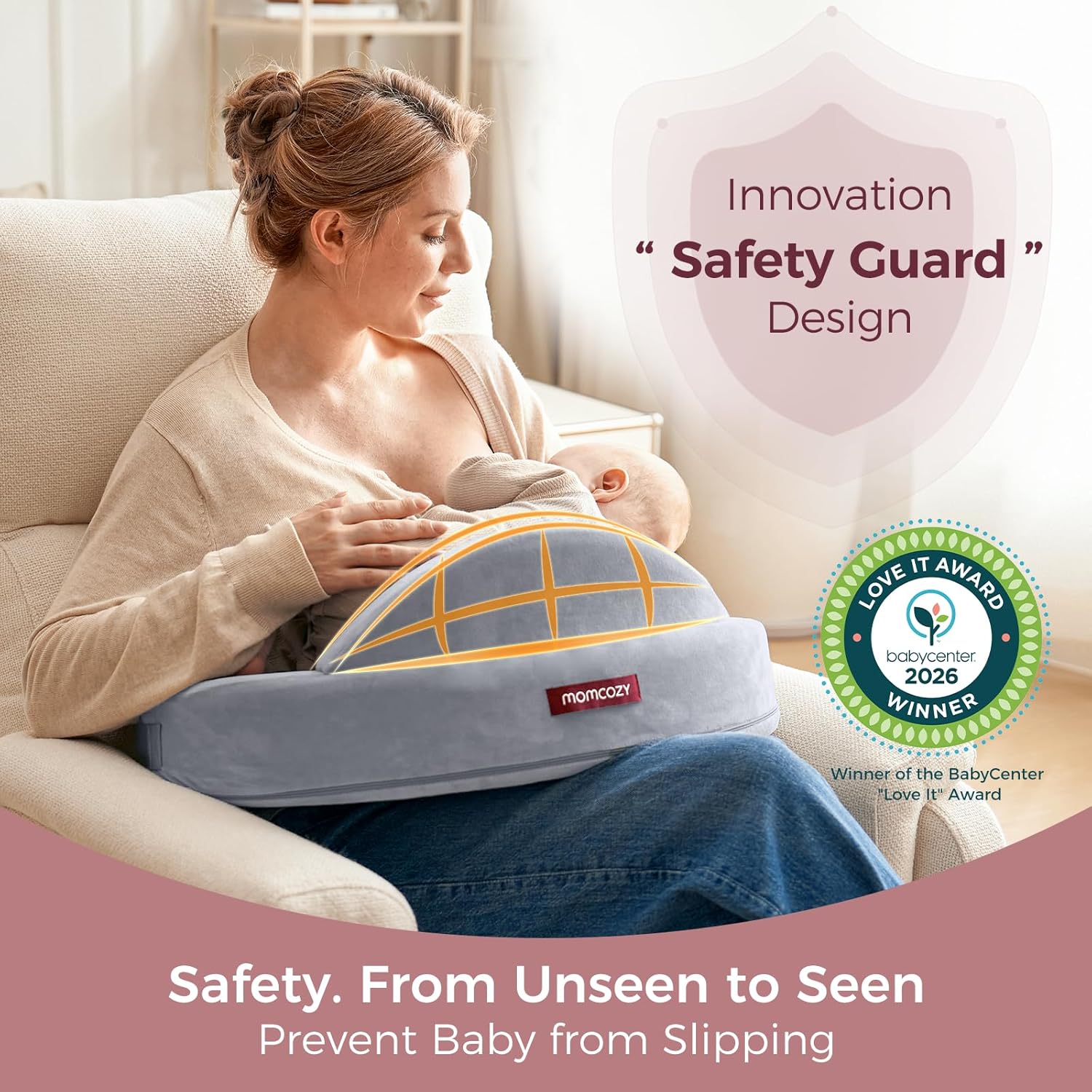 Amazing Momcozy Innovative Safety Guard Nursing Pillow - Firm & Springy Memory Foam - Stable, Ergonomic Support & Comfort - Wider Breastfeeding Cushion, Adjustable, Removable Cover, Baby Safety Certified - Image 4
