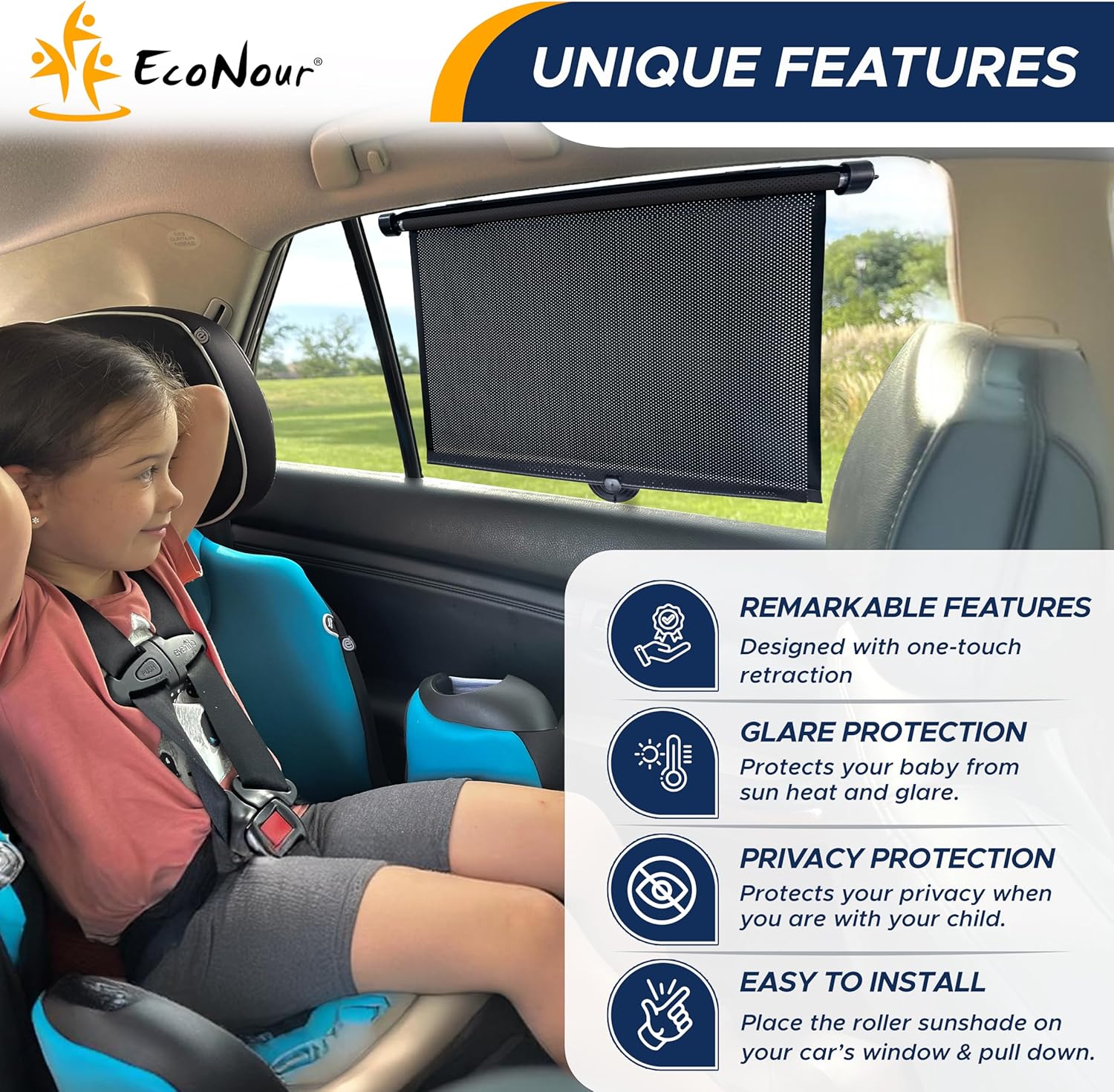 Amazing EcoNour Car Window Shades for Baby (2 Pack) - Upgraded | Shades for Side Window | Comes with Enhanced Suction Cups & Large Clips for Durability | Baby Car Accessories (15" x 17") - Image 6