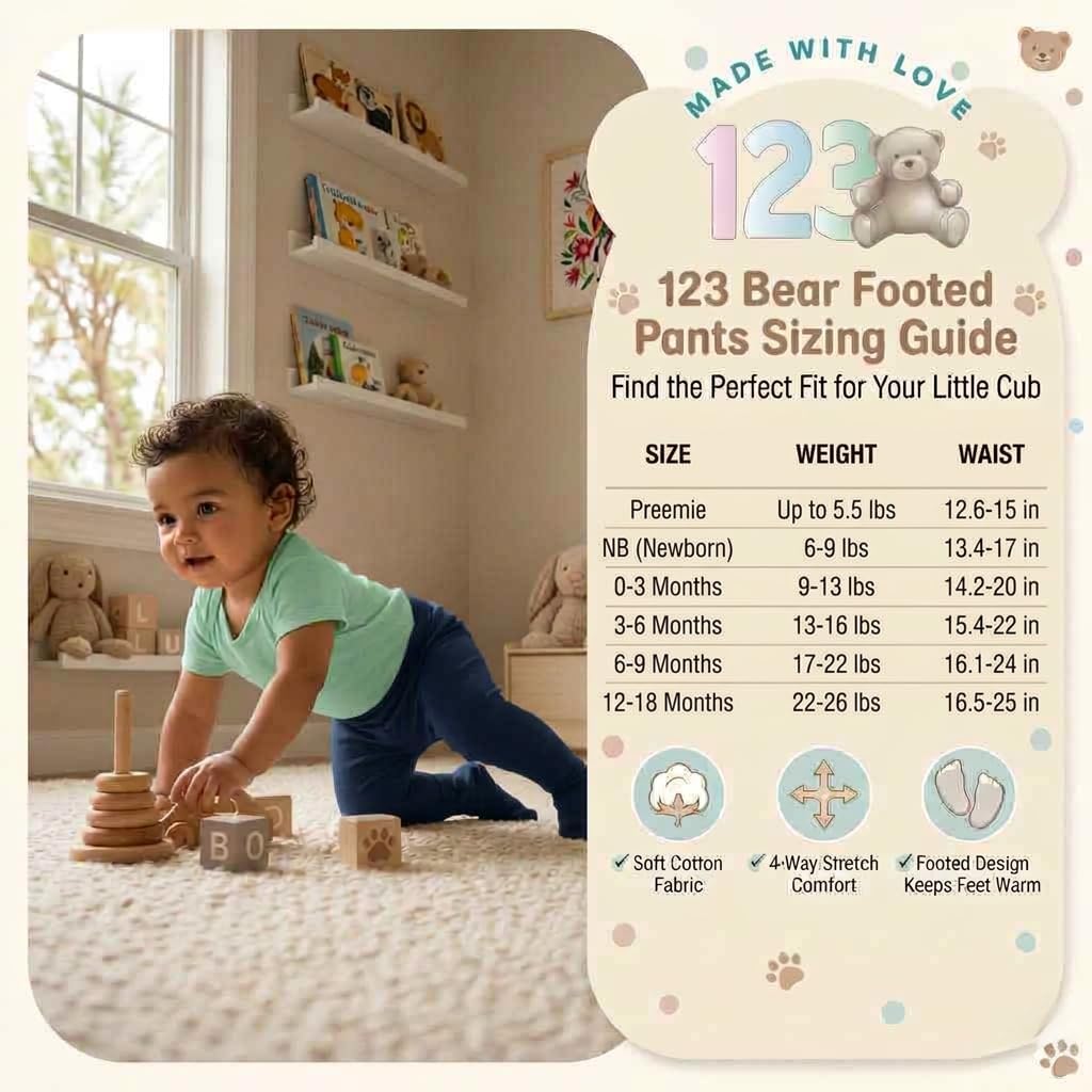 123 Bear Baby Soft Cotton Spandex Pants with Feet - Image 3