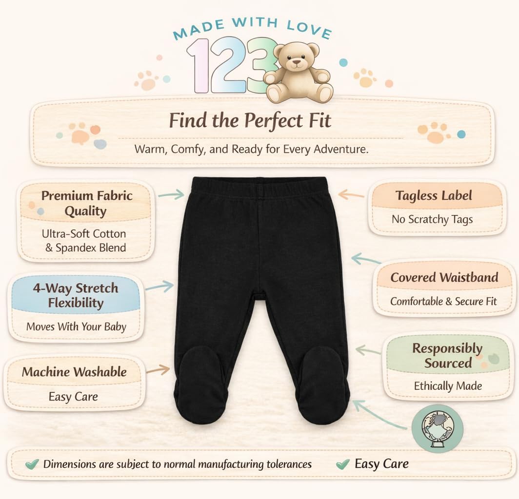 123 Bear Baby Soft Cotton Spandex Pants with Feet - Image 2