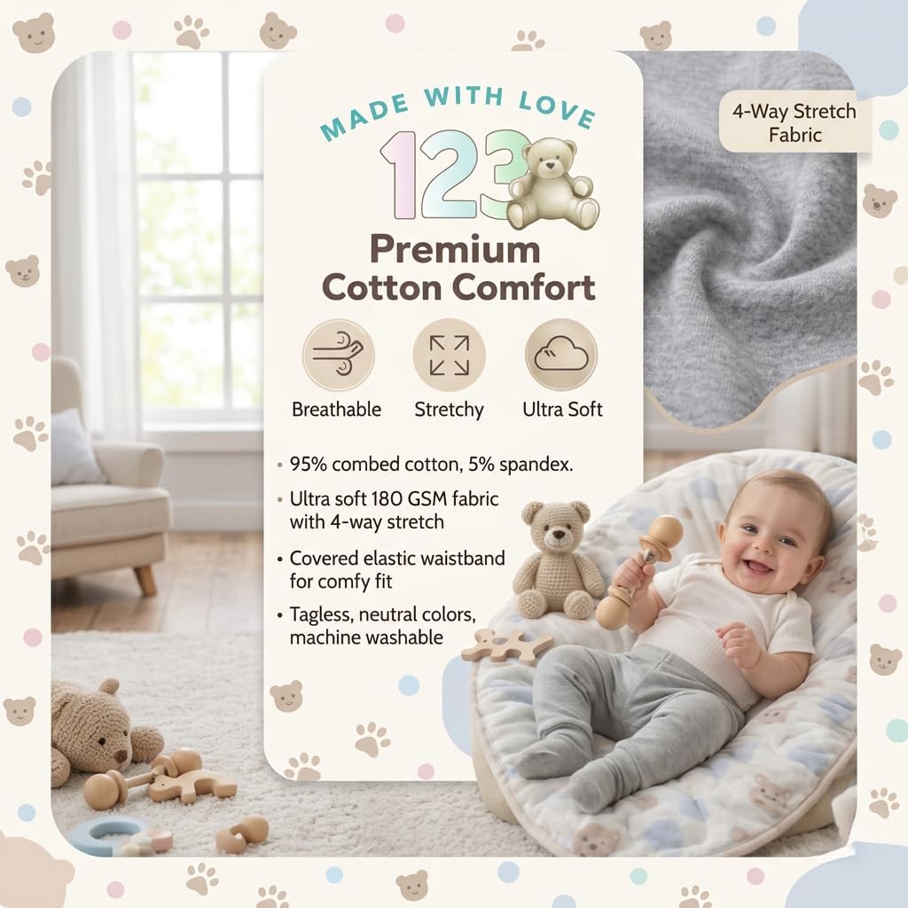 123 Bear Baby Soft Cotton Spandex Pants with Feet - Image 5