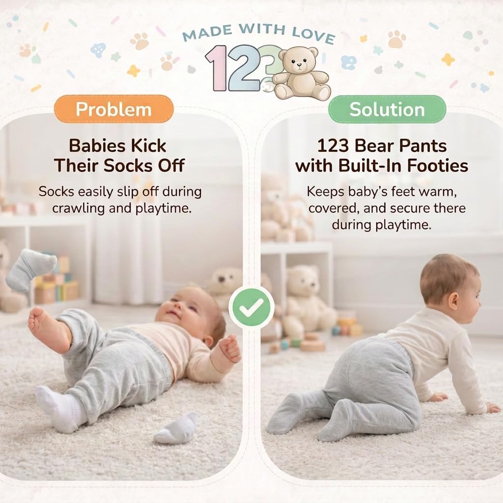 123 Bear Baby Soft Cotton Spandex Pants with Feet - Image 4