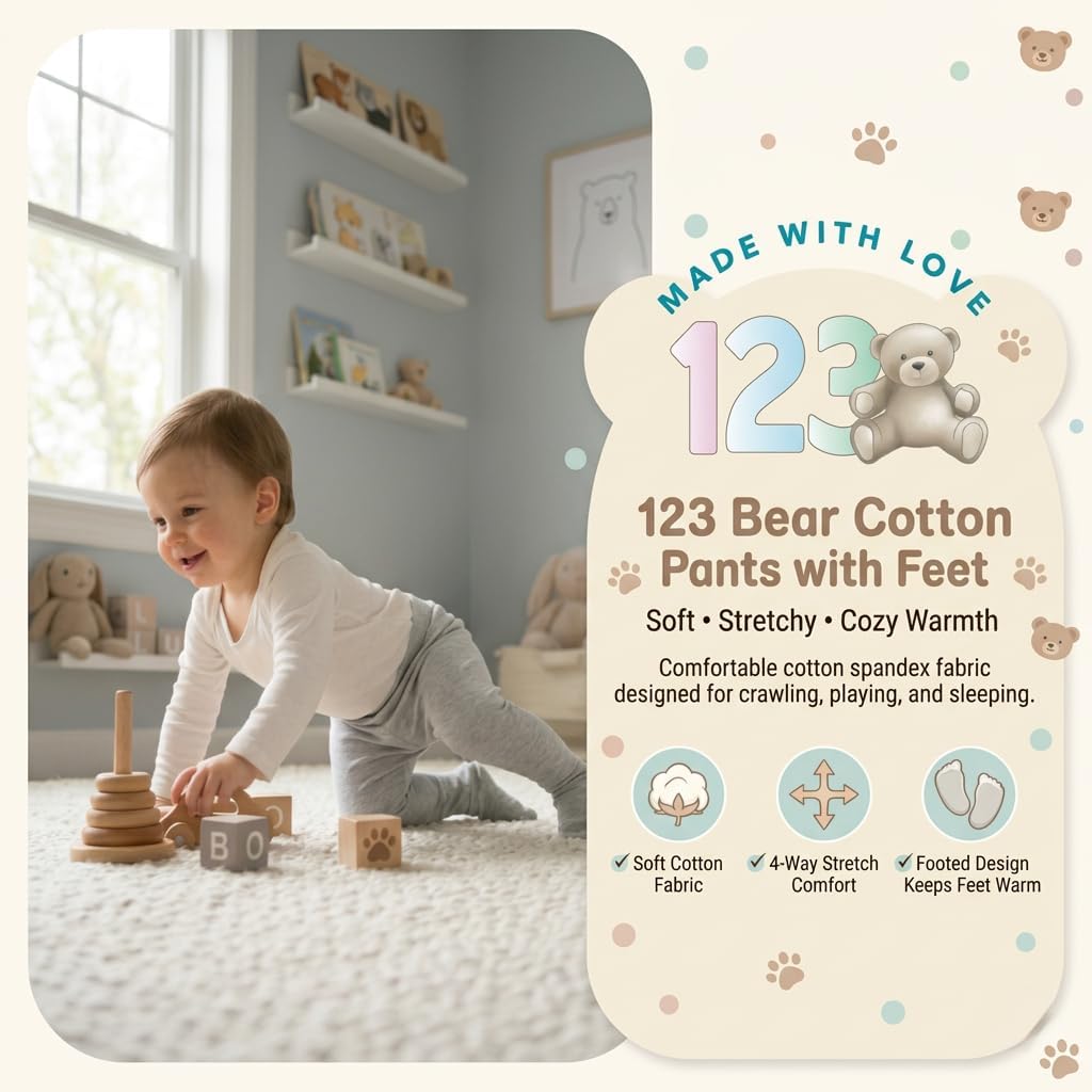 123 Bear Baby Soft Cotton Spandex Pants with Feet - Image 7