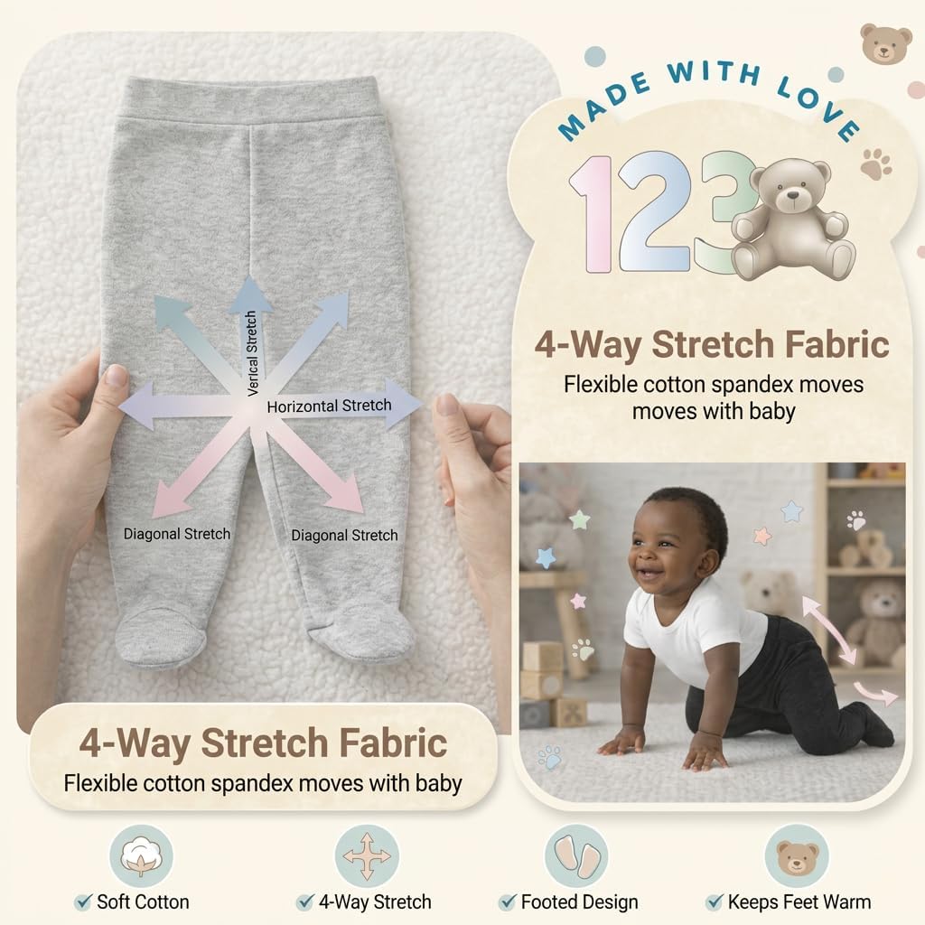 123 Bear Baby Soft Cotton Spandex Pants with Feet - Image 6