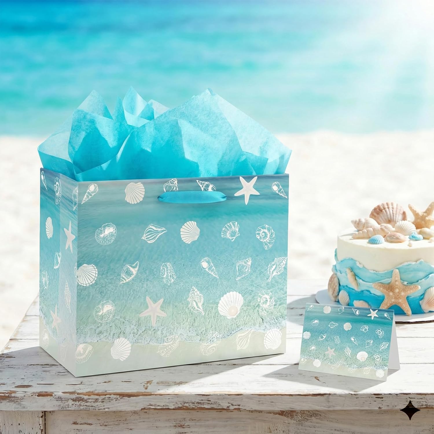 Amazing Beach Seashell Gift Bag Seashell Starfish Wrapping Paper Bag with Tissue Paper and Greeting Card Blue Beach Goodies Bags Hawaiian Themed Decor for Ocean Summer Birthday Wedding Baby Shower Supplies - Image 2