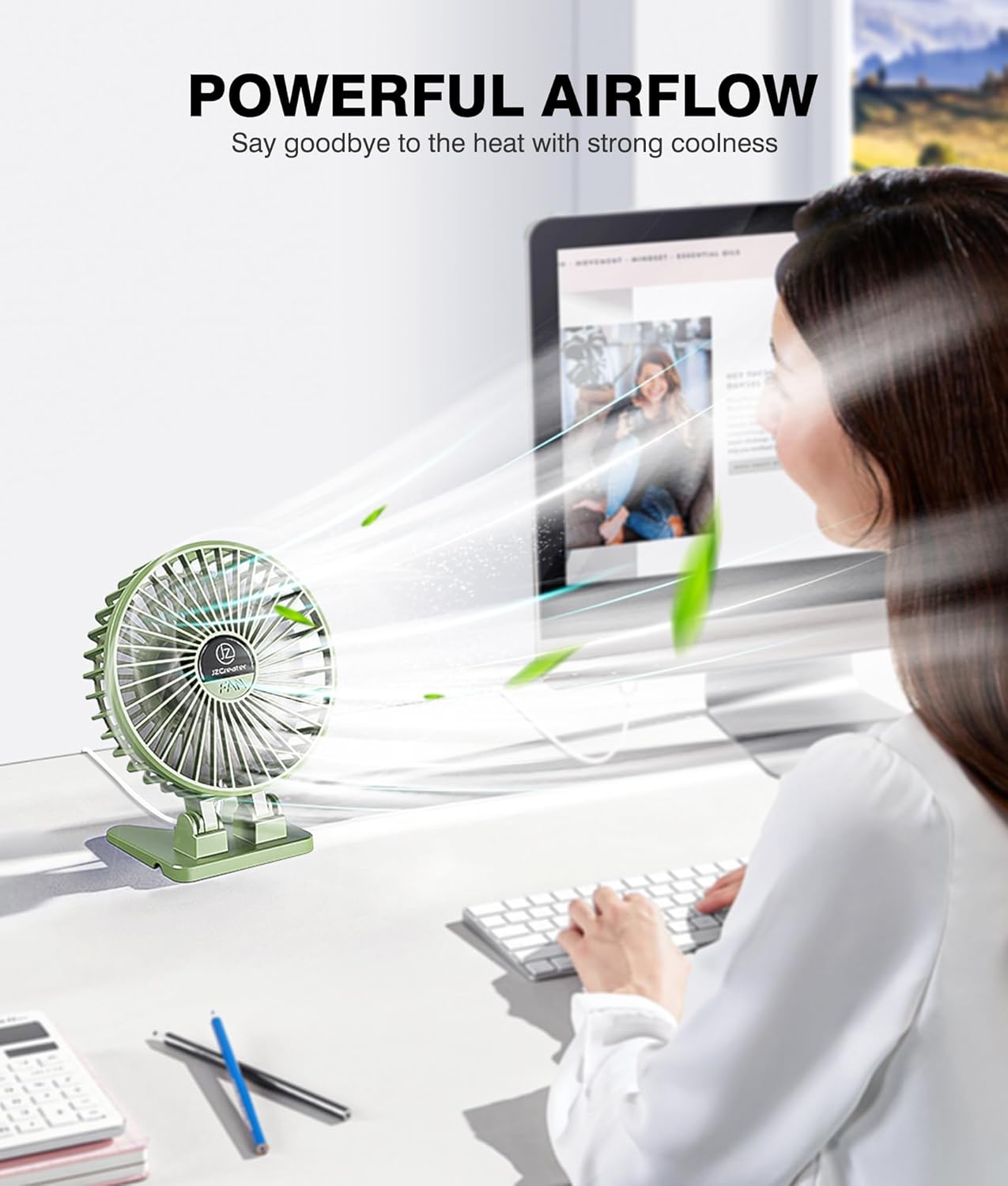 Amazing JZCreater USB Desk Fan, Mini Fan Portable, 3 Speeds Desktop Table Cooling Fans, Plug in Power Fans, Rotation Strong Wind, Quiet Personal Small Fan for Home Desktop Office Travel Bedroom, Army Green - Image 2