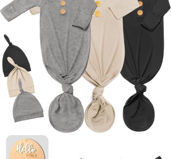 Top|Great|Best 3 PK Baby Knotted Gowns Set with Mittens, Hats, Headbands & Wooden Name Tag for Breathable Newborns Going Home Outfit - Smartbabygear.online