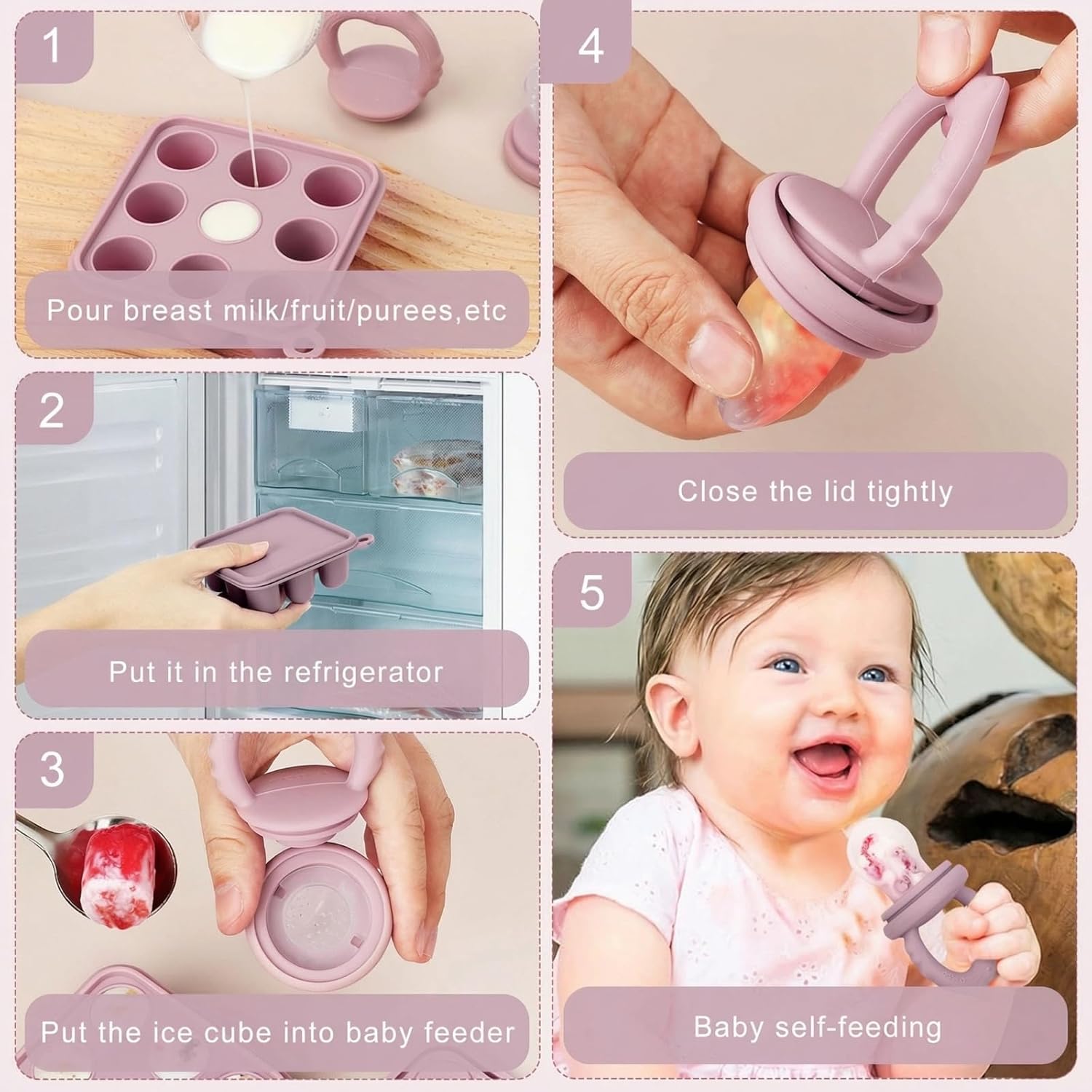 Amazing Baby Fruit Food Feeder Breastmilk Popsicle Molds, Silicone Food Freezer Tray for Cooling Teething Relief, Baby Food Feeder for Safe Infant Self Feeding, Includes 3 Extra Food Pacifier - Image 4