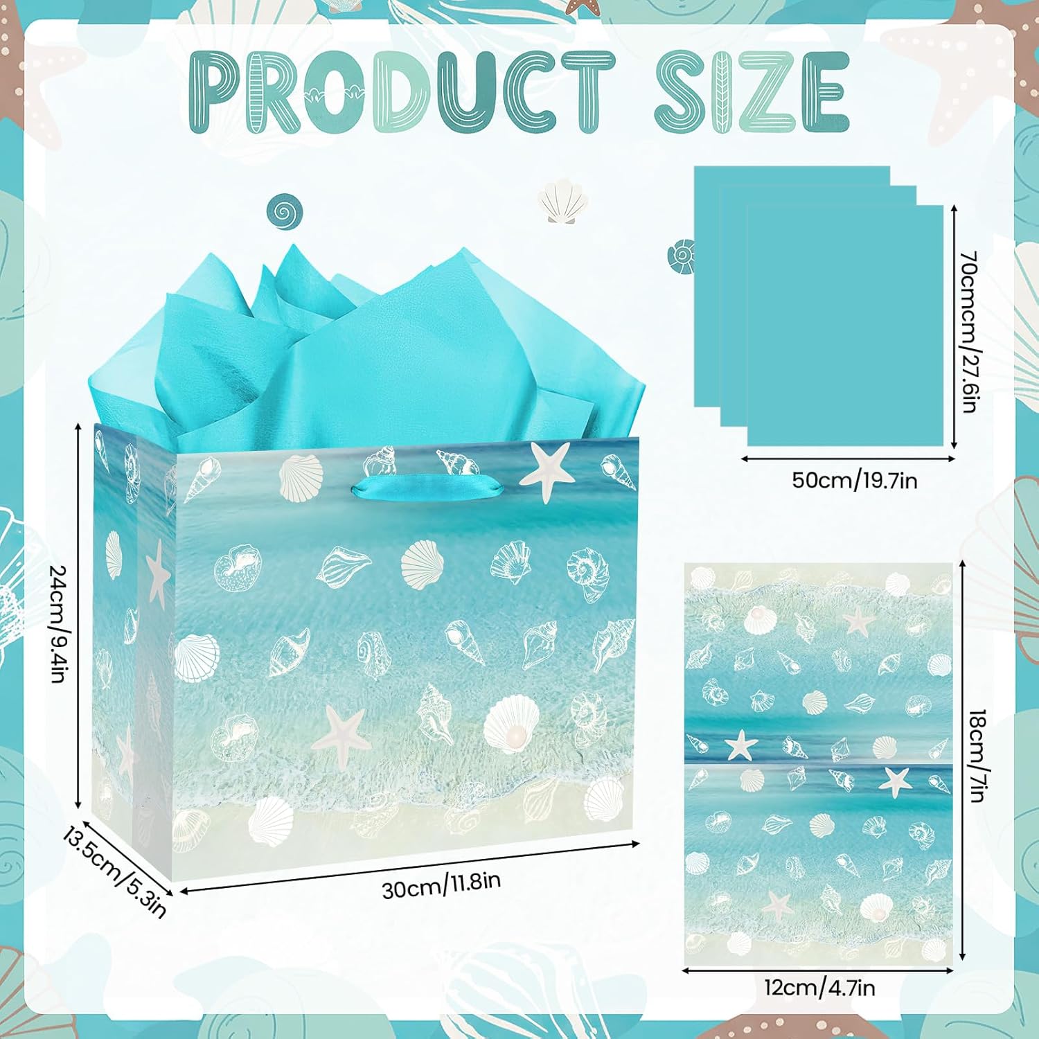 Amazing Beach Seashell Gift Bag Seashell Starfish Wrapping Paper Bag with Tissue Paper and Greeting Card Blue Beach Goodies Bags Hawaiian Themed Decor for Ocean Summer Birthday Wedding Baby Shower Supplies - Image 3