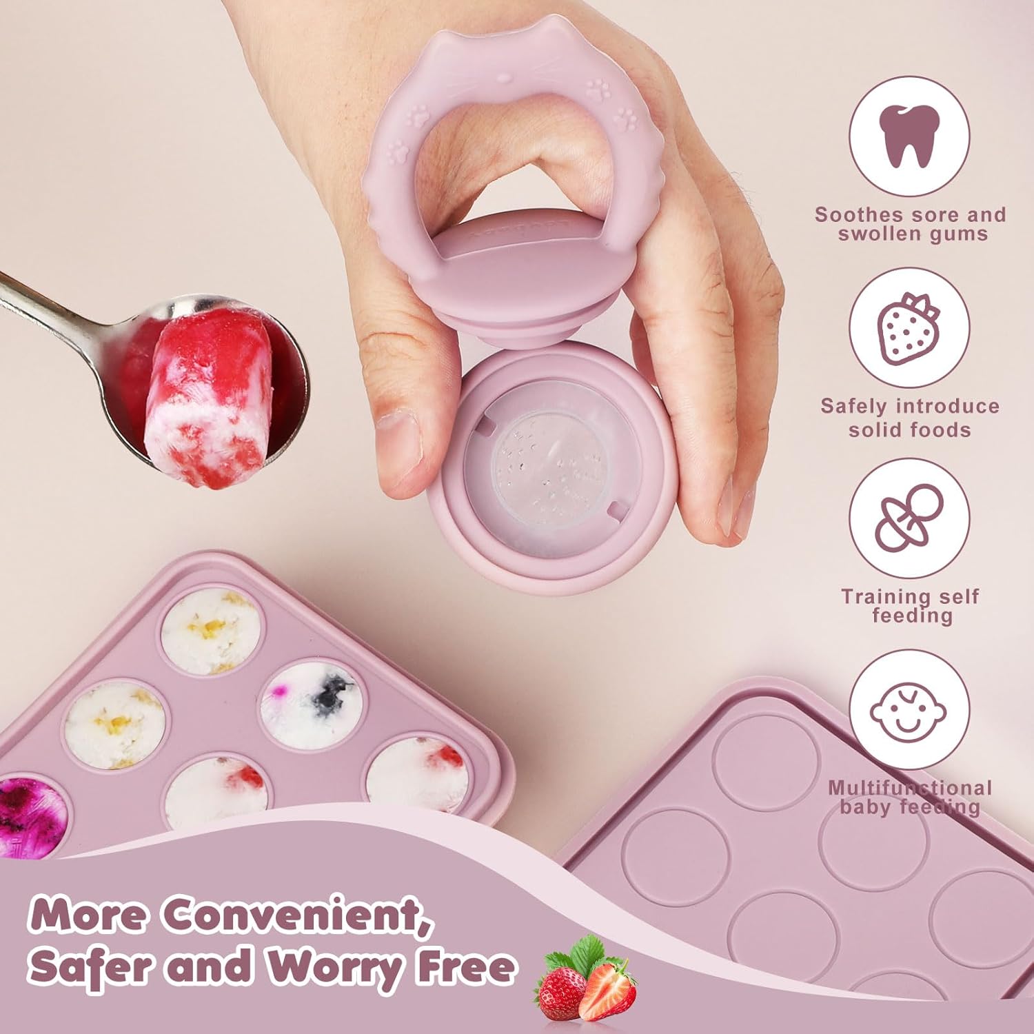Amazing Baby Fruit Food Feeder Breastmilk Popsicle Molds, Silicone Food Freezer Tray for Cooling Teething Relief, Baby Food Feeder for Safe Infant Self Feeding, Includes 3 Extra Food Pacifier - Image 2