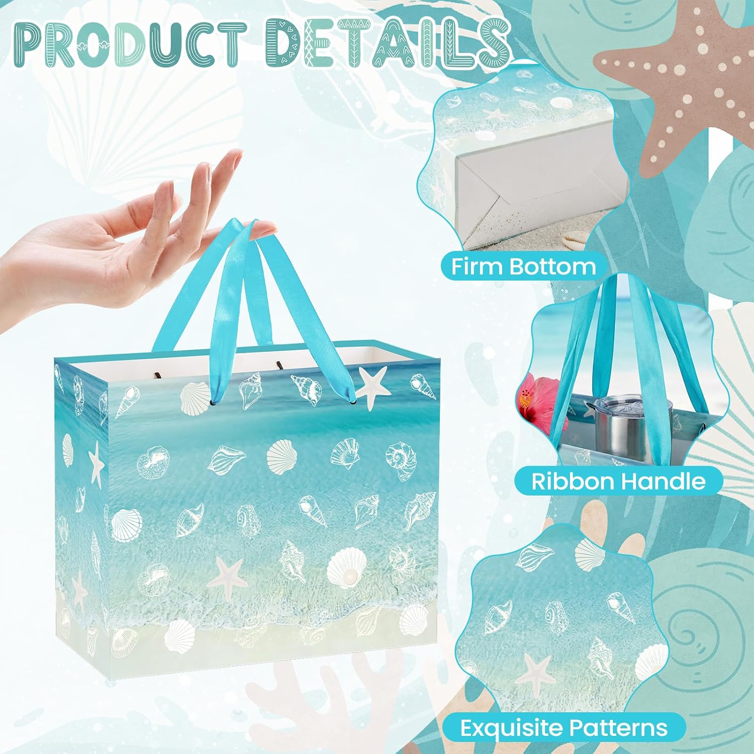 Amazing Beach Seashell Gift Bag Seashell Starfish Wrapping Paper Bag with Tissue Paper and Greeting Card Blue Beach Goodies Bags Hawaiian Themed Decor for Ocean Summer Birthday Wedding Baby Shower Supplies - Image 4