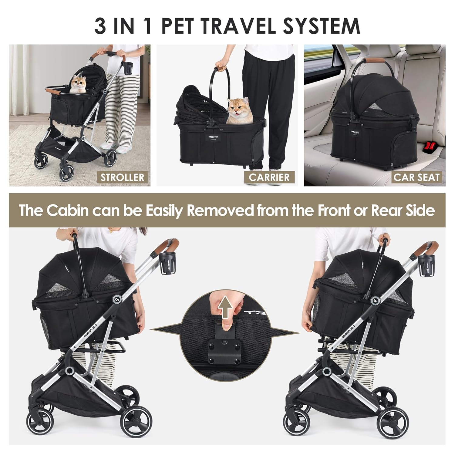 Top T3 Pro 3-in-1 Small Pet Stroller for Dog & Cats, 4 Wheels with Detachable Carrier with Pad, Canopy and Cup Holder (Black) - Image 3