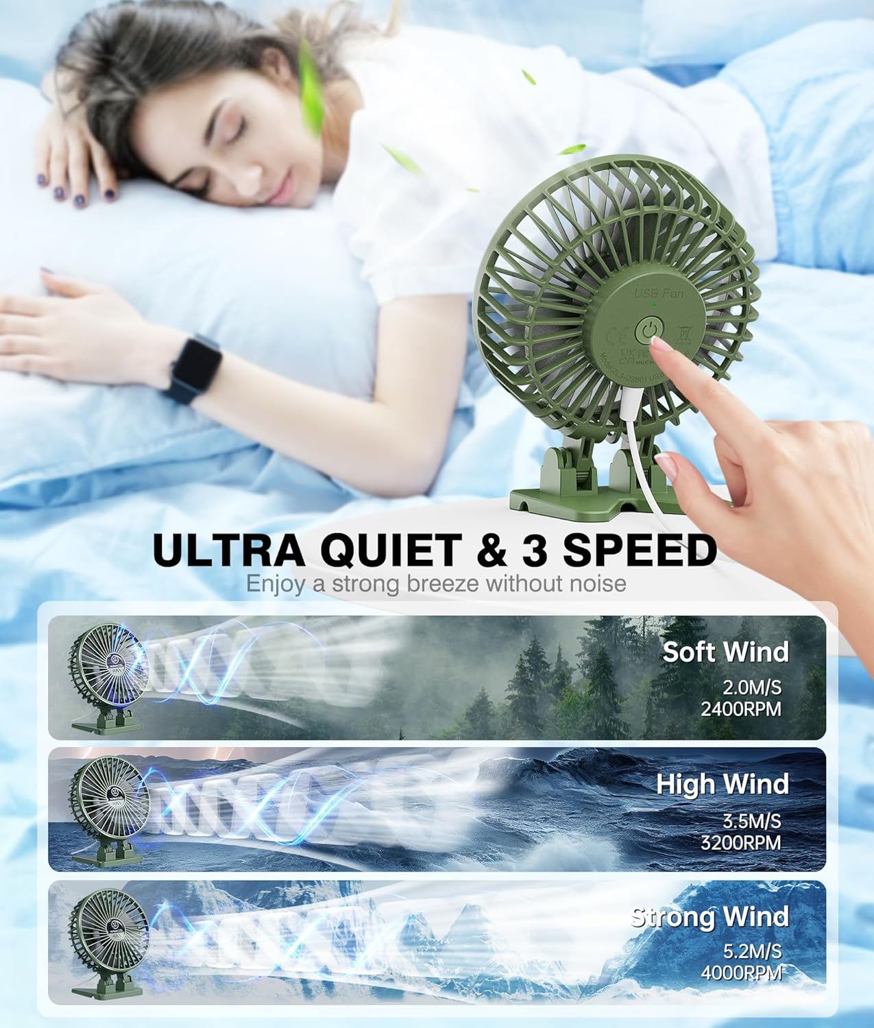 Amazing JZCreater USB Desk Fan, Mini Fan Portable, 3 Speeds Desktop Table Cooling Fans, Plug in Power Fans, Rotation Strong Wind, Quiet Personal Small Fan for Home Desktop Office Travel Bedroom, Army Green - Image 3
