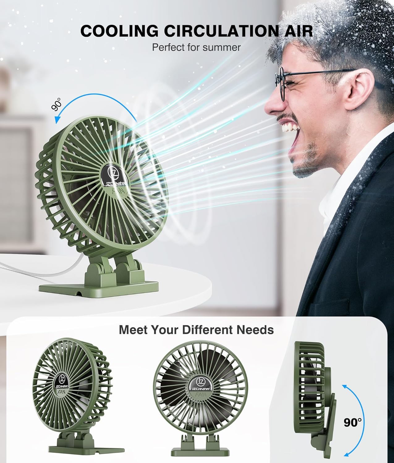 Amazing JZCreater USB Desk Fan, Mini Fan Portable, 3 Speeds Desktop Table Cooling Fans, Plug in Power Fans, Rotation Strong Wind, Quiet Personal Small Fan for Home Desktop Office Travel Bedroom, Army Green - Image 4