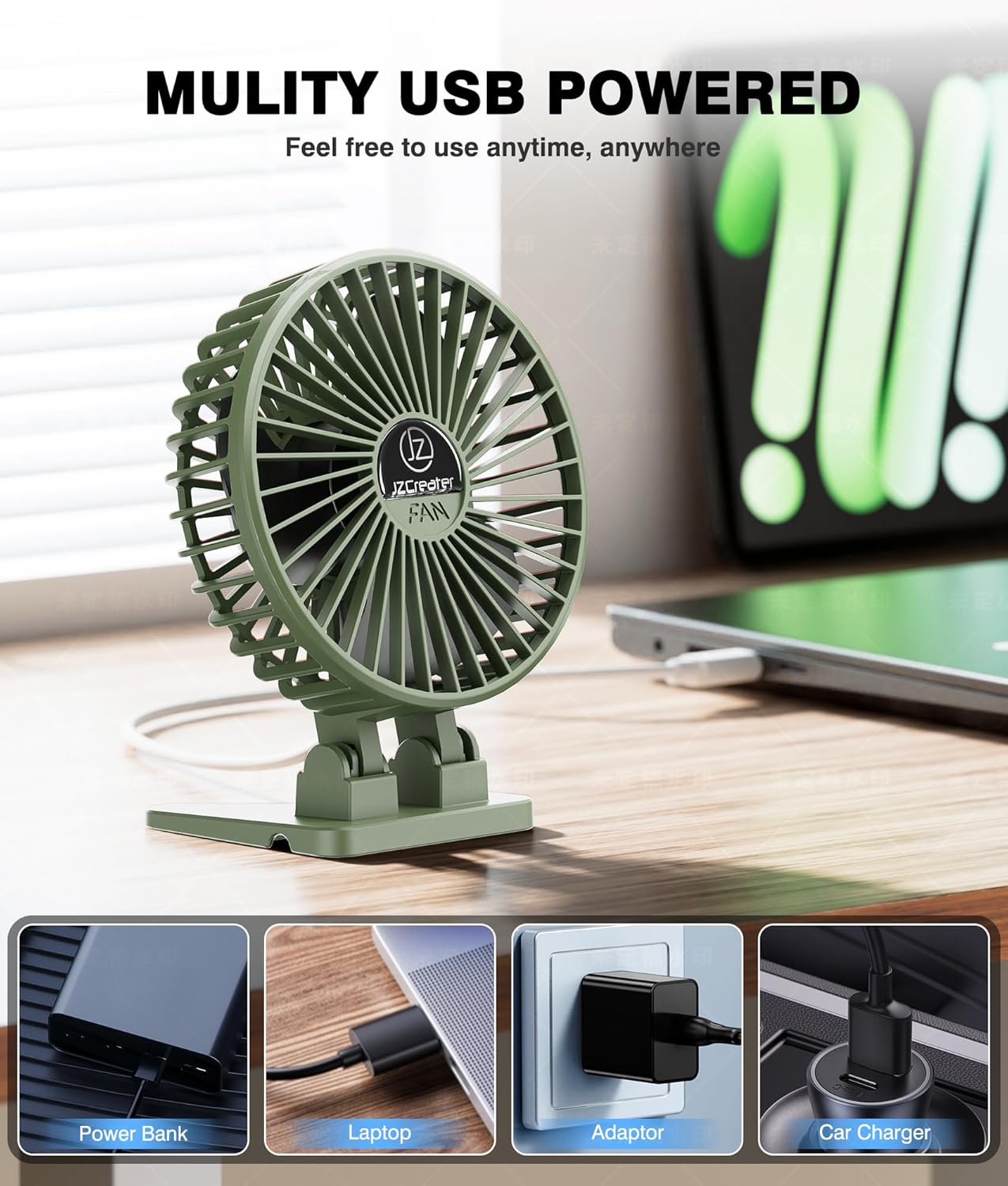 Amazing JZCreater USB Desk Fan, Mini Fan Portable, 3 Speeds Desktop Table Cooling Fans, Plug in Power Fans, Rotation Strong Wind, Quiet Personal Small Fan for Home Desktop Office Travel Bedroom, Army Green - Image 5