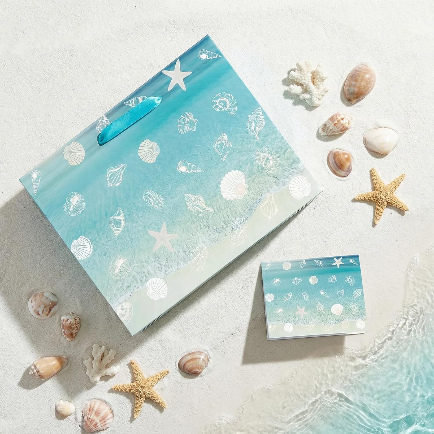Amazing Beach Seashell Gift Bag Seashell Starfish Wrapping Paper Bag with Tissue Paper and Greeting Card Blue Beach Goodies Bags Hawaiian Themed Decor for Ocean Summer Birthday Wedding Baby Shower Supplies - Image 5